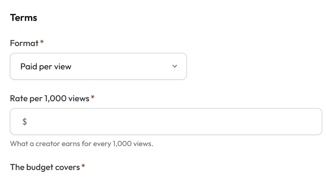 The terms of a new campaign with the format set to paid per view, and its rate per 1,000 views.