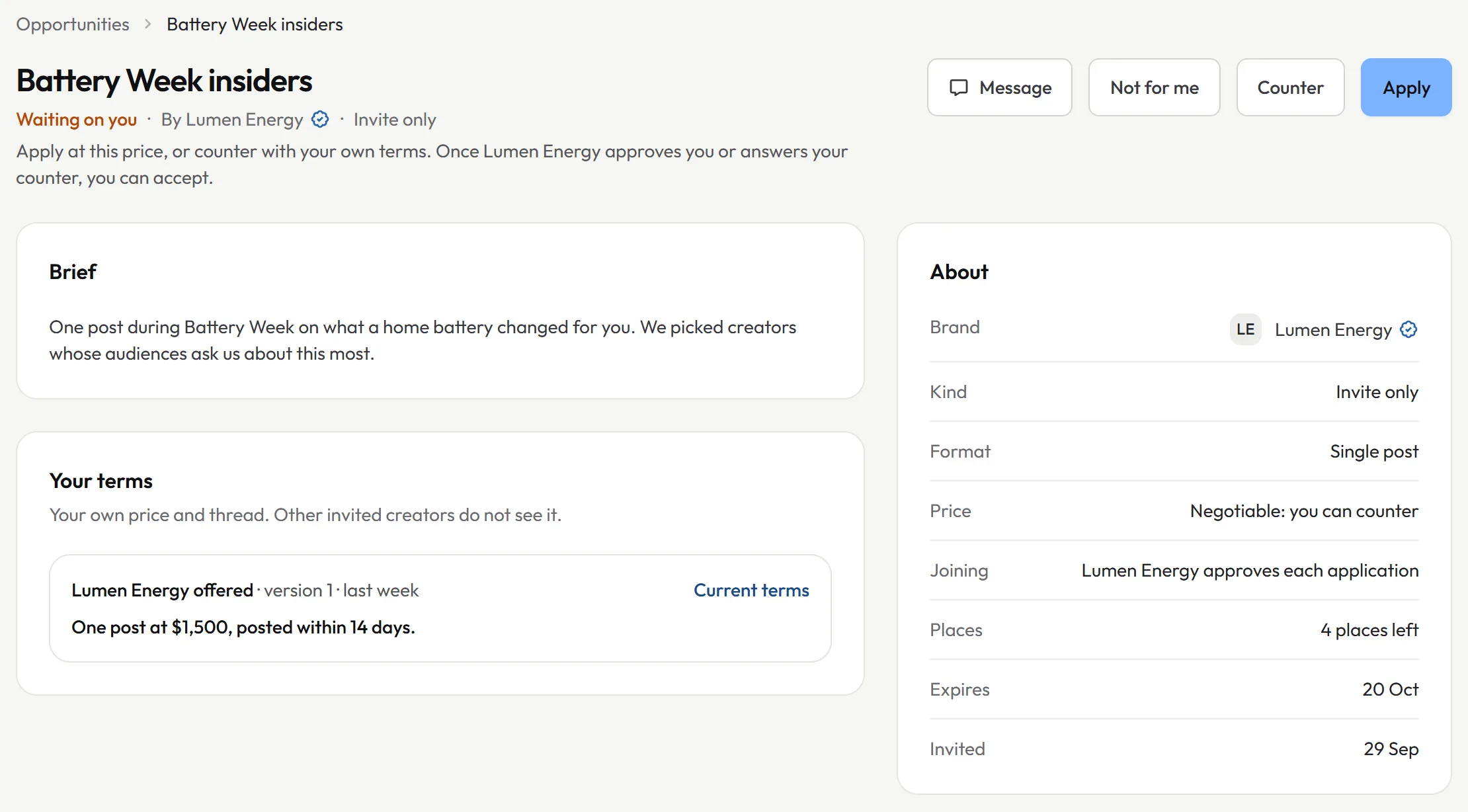 An invitation from a brand offering one post at $1,500, with buttons to apply, counter or turn it down.
