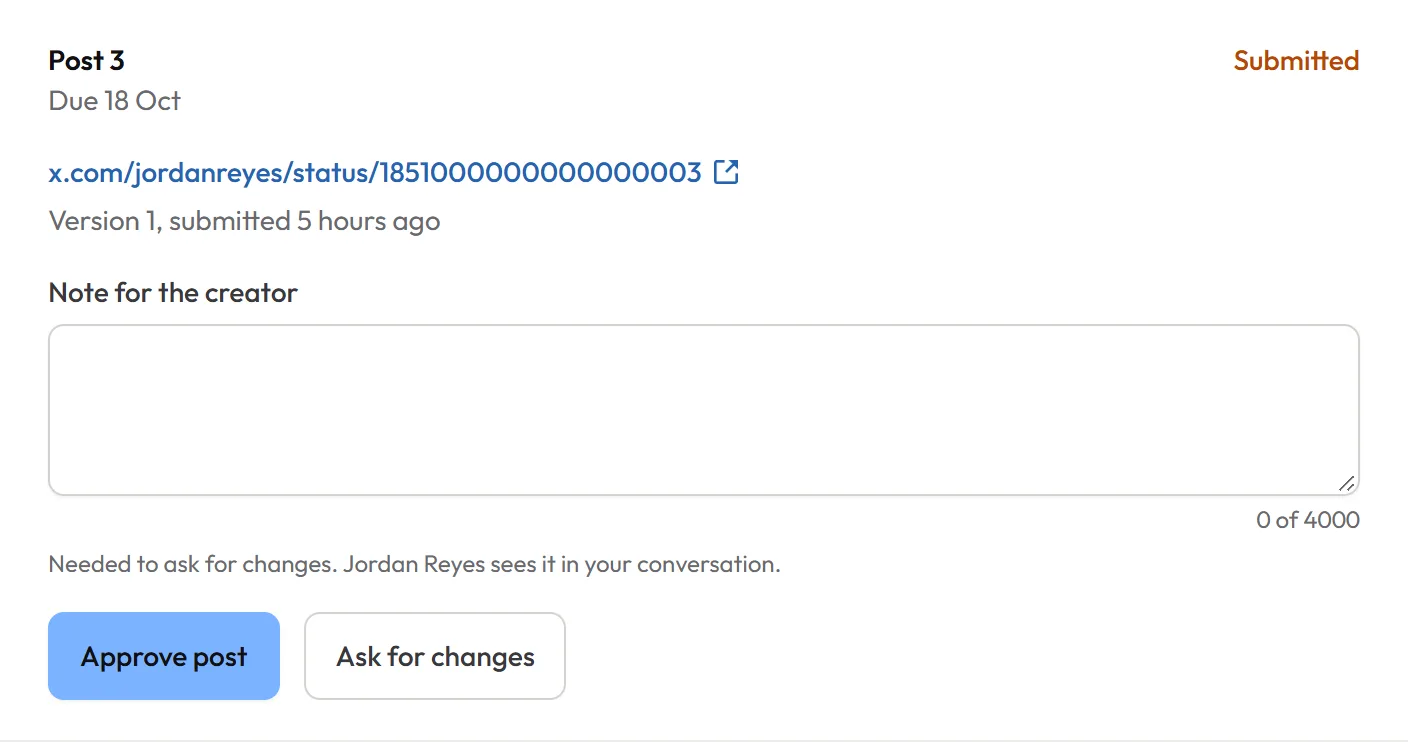 A post submitted on a deal, with its link, a note for the creator and the buttons to approve the post or ask for changes.